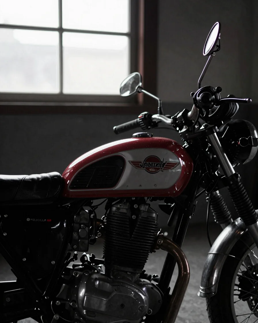 Documentary close-up of a classic motorcycle's chrome and leather