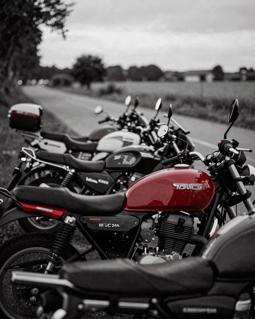 Documentary close view of a line of motorcycles parked on a quiet