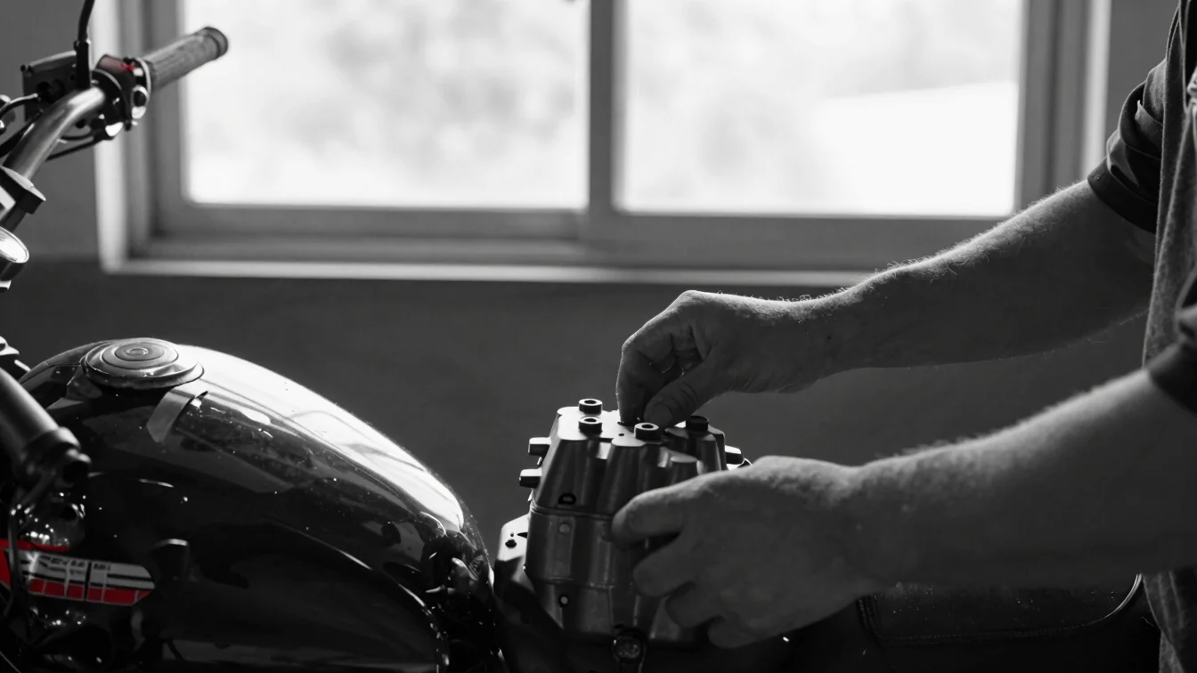 Close documentary detail of hands checking a motorcycle engine in