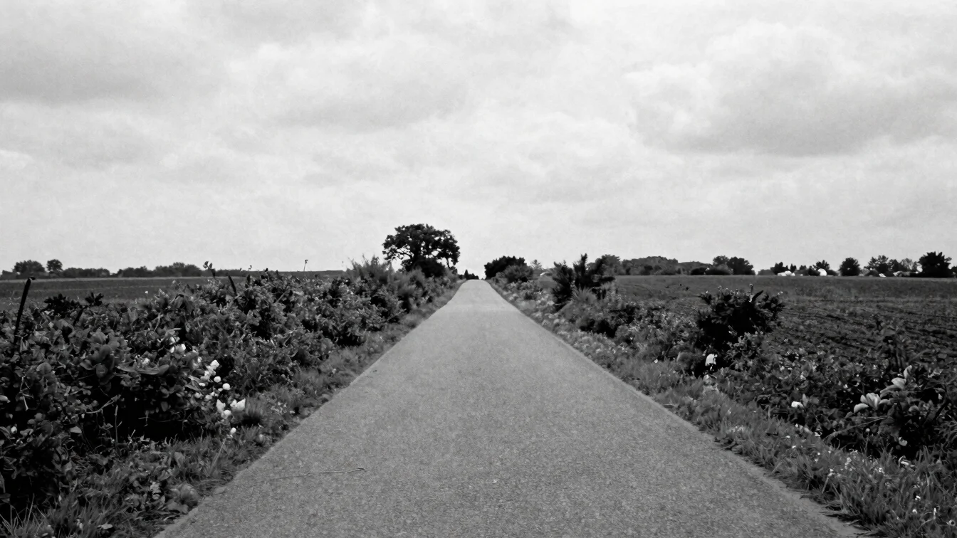 Wide environmental view of a rural French road winding through he