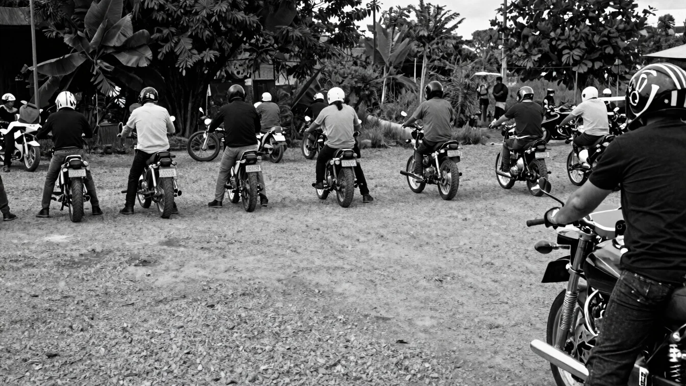 Wider documentary view of a motorcycle gathering in a gravel cour