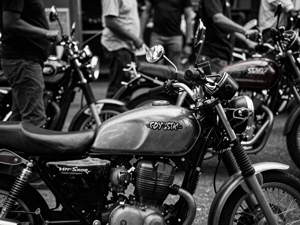 Close documentary detail of a parked motorcycle at a club gatheri