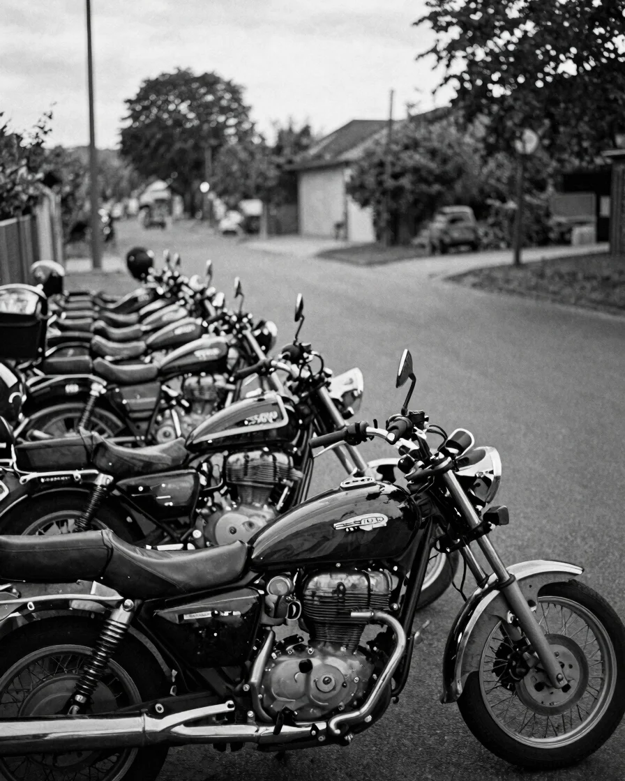 Documentary black and white photograph of a row of motorcycles pa